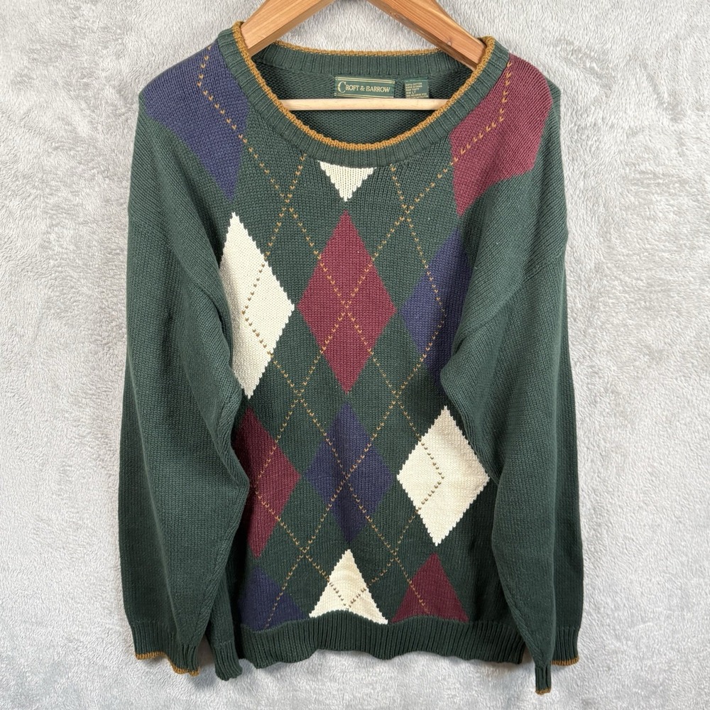 Croft & Barrow Argyle Knit Grandpacore Crew Neck Sweater Mens LT Tall Green 90s
